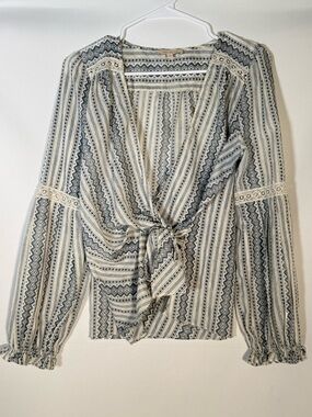 Skies Are Blue Cream and Black Striped Tie-Front Boho Blouse